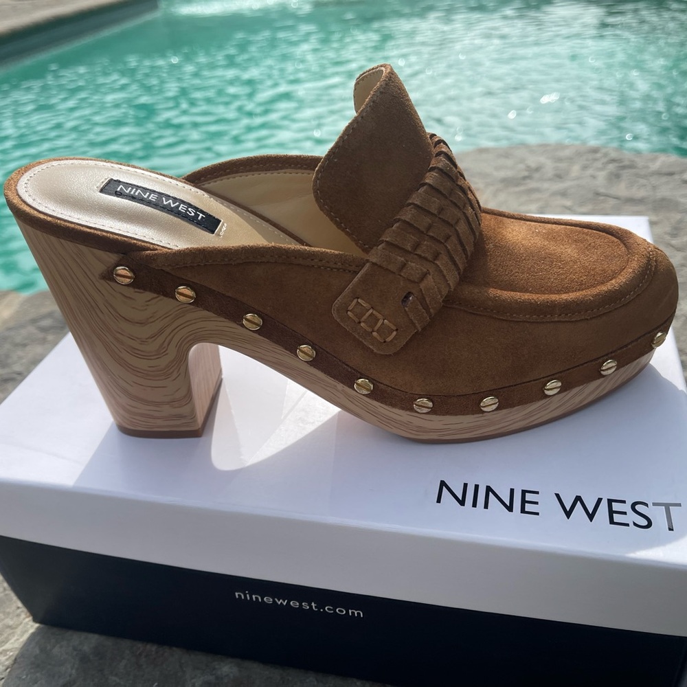 New in Box Nine West Women’s Brown Suede Wood Clog Mules Heels SZ 9/Rtl$125